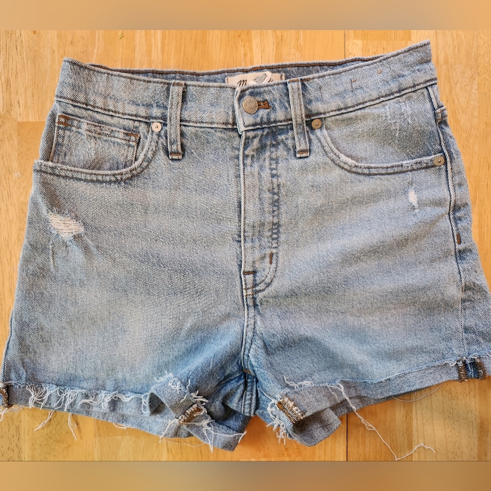 MADEWELL High-Rise Denim Shorts Women's sz 27 4 Light Blue Distressed Blue Jeans